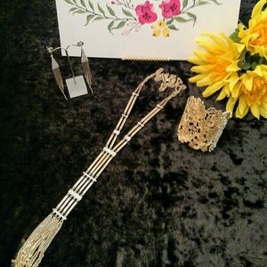 White House Black Market Goldtone Multi strand Long Necklace Rhinestone Details